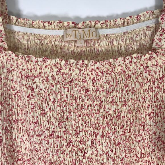 By TiMo Dress Womens Large Cream Pink Mini Ditsy Floral Smocked Ruffle Twee Boho - Picture 11 of 12